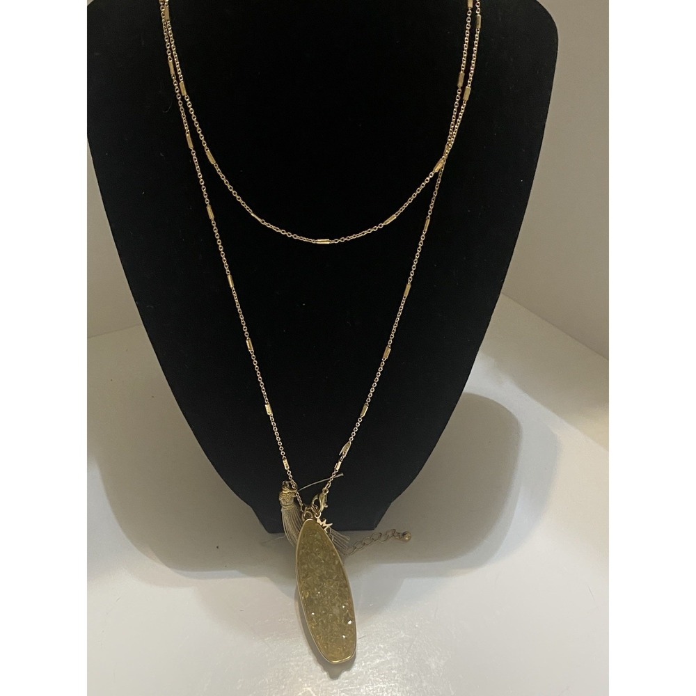 35'Long Gold Tone  Brown  Druzy Leaf-Shaped With Star And Tassel Charms